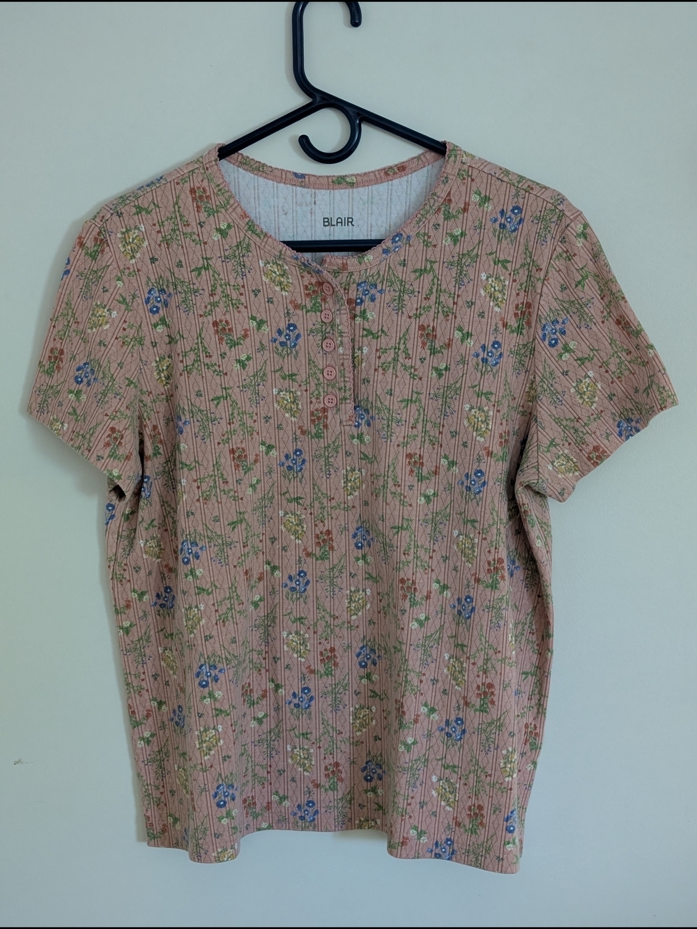 Blair Floral Pink Knit Cotton Blend Round Neck Short Sleeve T-Shirt Women's L